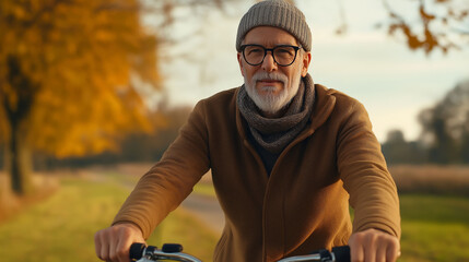 Senior man with glasses and a knitted hat is riding a bicycle through a scenic autumn landscape, surrounded by vibrant fall foliage and a peaceful pathway