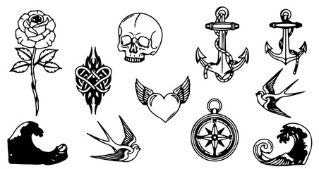 Obraz premium Collection of nautical tattoo flash, featuring classic sailor and sea themed designs