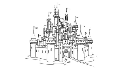 Fototapeta premium Detailed line art of a fantasy castle, featuring towers, flags, and intricate details
