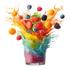  a colorful multi-vitamin fruit juice splash explosion on a white background