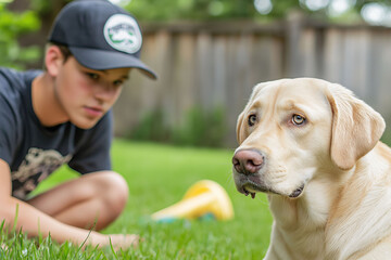 Young boy with a baseball cap is playing with a friendly yellow Labrador retriever in a lush green backyard, showcasing a joyful moment of companionship and outdoor fun