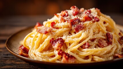 Fototapeta premium Classic Spaghetti Carbonara with Crispy Bacon, Parmesan, Fresh Herbs, and Black Pepper – Luxury Italian Food Photography for Gourmet Dishes