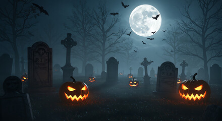 Fototapeta premium Ultra-realistic Halloween scenes with pumpkins, haunted houses, trick-or-treat, spooky graveyards, witches, skeletons, black cats, candy, costumes, carnival horror, autumn vibes, fog, full moon, festi