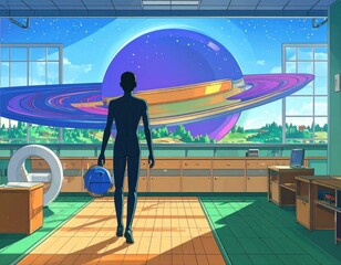 Silhouette in classroom gazing at giant ringed planet through sunlit windows