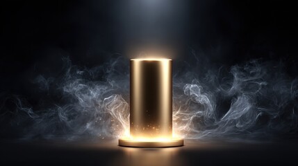 Gleaming golden award podium under dramatic spotlight celebrating achievement studio setting artistic perspective