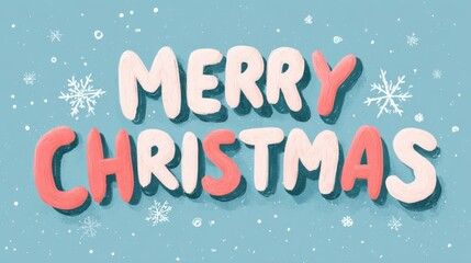 A simple pastel cartoon with "Merry Christmas" in rounded letters, doodle snowflakes, and a light winter sky feel