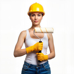 Woman holding a paint roller wearing yellow gloves and a hard hat, concept of Repair and finishing  