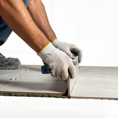 Worker aligning ceramic tiles on floor with precision gloves - Concept of Repair and finishing  