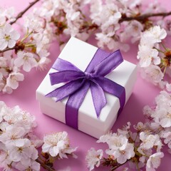 A delicate white gift box with a purple ribbon, surrounded by blossoming cherry blossoms on a pink background