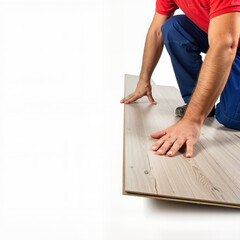 Young man laying laminate flooring in an indoor environment - Concept of Repair and finishing  