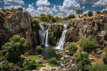 Fototapeta premium A breathtaking waterfall cascading down rugged cliffs, surrounded by lush greenery and a vibrant natural landscape.