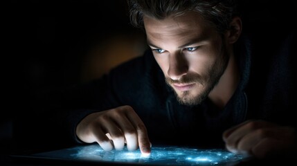 A man engaged with a digital tool dark room portrait intimate atmosphere close-up exploration of technology