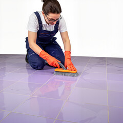 Female worker cleaning purple tile floor with brush and gloves  