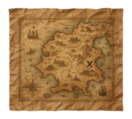 Vintage treasure map on crumpled brown paper texture.