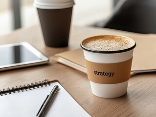 A coffee cup on a table with a notepad and tablet, symbolizing productive workspace.