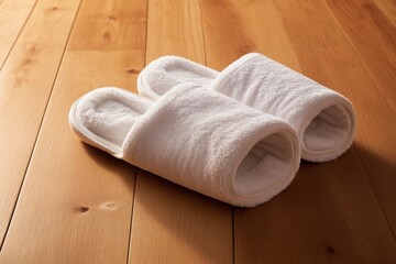 Weiche, weiße Badeschlappen auf Holzfußboden für ein luxuriöses Wellnesserlebnis