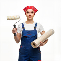 Woman holding a wallpaper roller and a roll of wallpaper for repair  