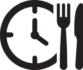 Silhouette clock with lunch time icon representing schedule, meal, break, and timing.