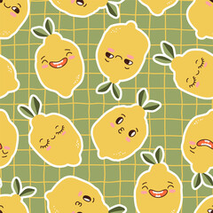 Cute kawaii lemons fruits character seamless pattern. Cozy childish background texture tor textile