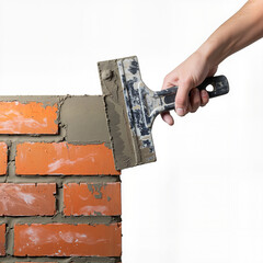 Man applying plaster to brick wall with trowel in repair work  
