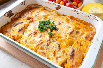 Delicious squash, minced meat casserole fresh and homemade cooked in a casserole dish