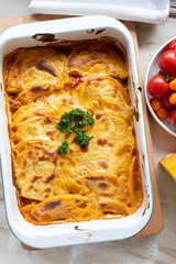 Delicious squash, minced meat casserole fresh and homemade cooked in a casserole dish
