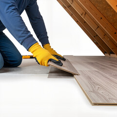 Builder installing laminate flooring in attic during home renovation  