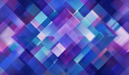 Abstract geometric pattern of overlapping squares and triangles in shades of purple, blue, and pink
