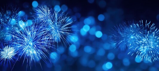 The vibrant blue fireworks illuminating the night sky in a festive display.