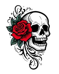 Skull with rose tattoo flash art design with gothic accents