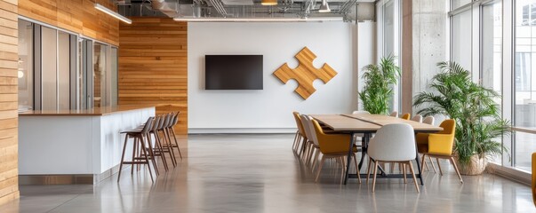Modern office interior with sleek furniture and vibrant plants, ideal for collaboration.