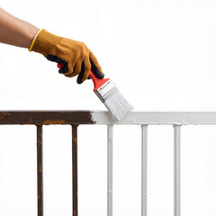 Hand painting metal balcony railing with brush for repair and finishing  
