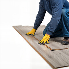 Man kneeling and installing laminate flooring in a bright space  