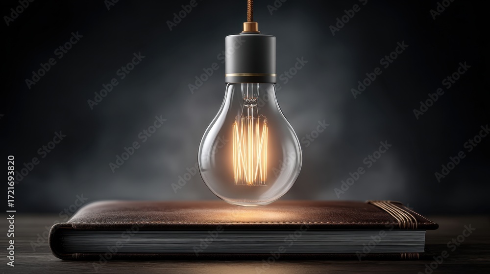 Poster suspended lightbulb illuminates leather notebook in a serene setting capturing warmth and innovation