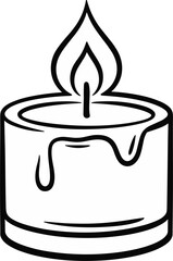 Simple black and white outline drawing of a lit candle light flame