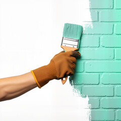 Hand with brown glove painting light teal brick wall in renovation  