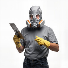 Plasterer wearing respirator mask and gloves while holding trowel  