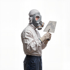 Plasterer wearing respirator mask holding trowel for repair concepts  
