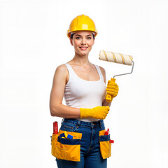 Young woman holding a paint roller in construction attire ready for repair and finishing  