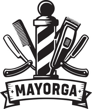 Barbershop Logo Vector with Barber Pole, Tools, and &ldquo;MAYORGA&rdquo; Banner in Classic Monochrome Style for Grooming and Branding