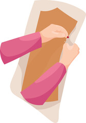 Hands pinning a needle onto a pattern. Vector illustration of sewing. Pattern, fabric, needle, and seamstress's hands.