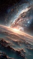 Fototapeta premium A distant planet with mountain ranges and a bright galaxy visible in the dark starry sky above it