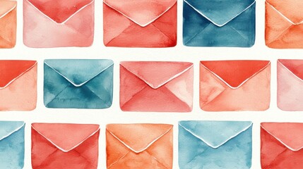 Colorful watercolor envelopes arranged in a stylish pattern for creative design projects.