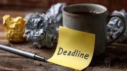 Deadline reminder on a sticky note beside a coffee cup and crumpled paper emphasizes productivity and the challenges of meeting time constraints in a creative workspace.