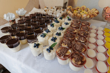 Wedding dessert table with a variety of sweets: cakes, muffins, jelly, rolls, cookies, and macarons. Bright and appetizing arrangement creating a festive atmosphere.
