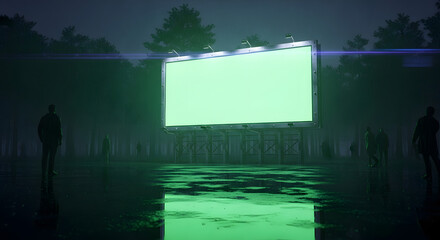 Empty billboard in a misty, dark forest at night, reflected in a flooded area.