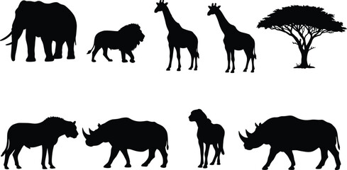 African animal silhouettes, elephant, lion, giraffe, rhinoceros, camel, hyena, acacia tree, savanna wildlife, safari scene, nature vector, wild fauna, jungle creatures, black silhouettes, animal shape