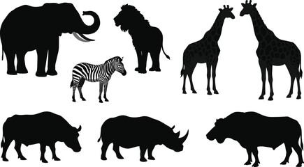 African wildlife silhouettes, elephant, lion, giraffe, zebra, buffalo, rhinoceros, savanna animals, safari scene, nature illustration, wild animal vector, black silhouettes, jungle creatures, exotic f