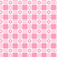 Pastel pink gingham check seamless pattern design with flowers