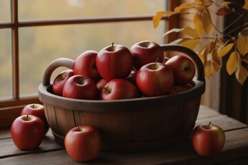 Frischer Korb mit roten Äpfeln vor Fenster im Herbstlicht